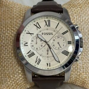Fossil Silver Case Watch with Cream Dial and Brown Leather Strap